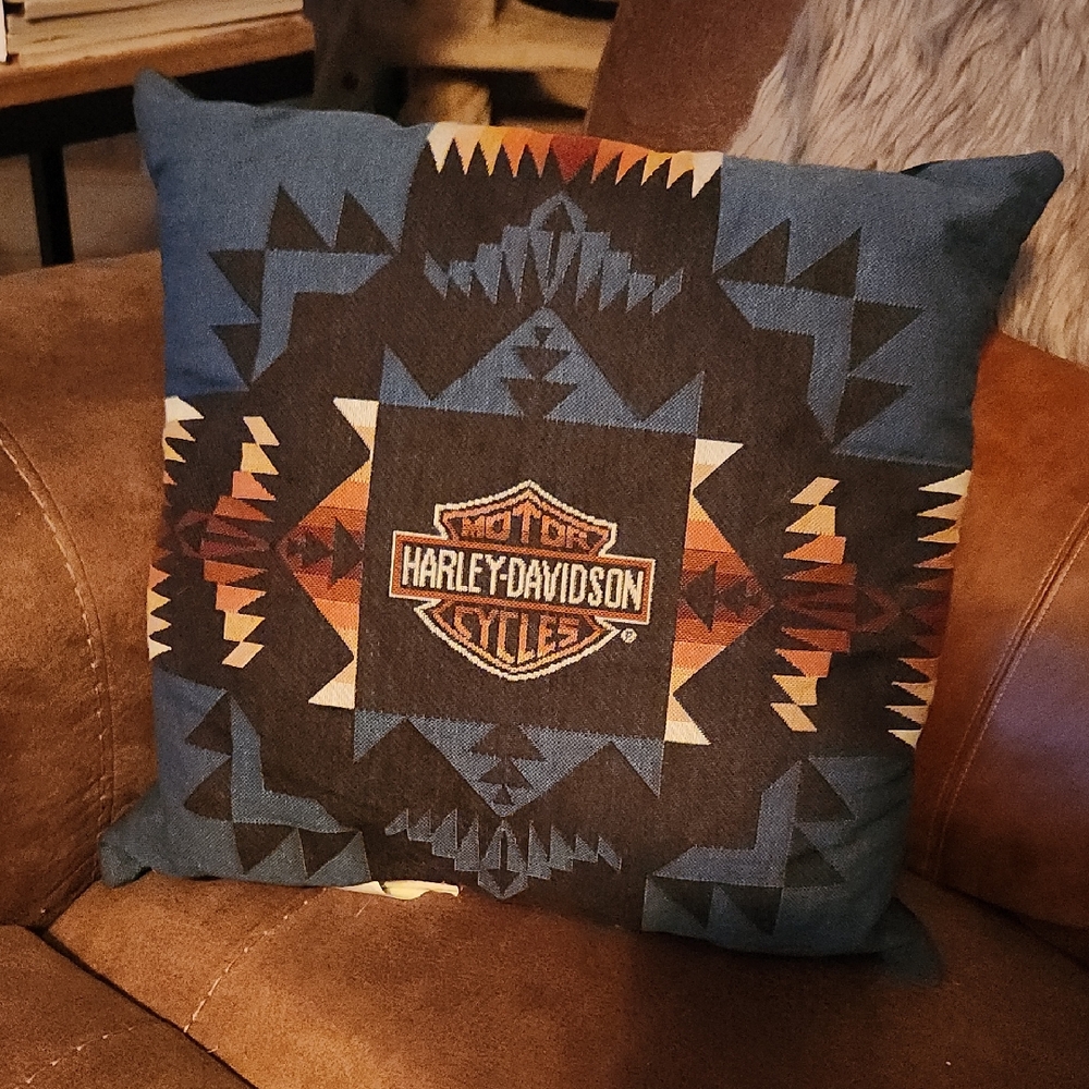 Harley-Davidson Blue and Orange Tribal Pillow
